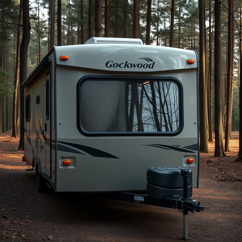 Photorealistic photo of a Forest River Rockwood Geo Pro G16BH parked in a forest clearing