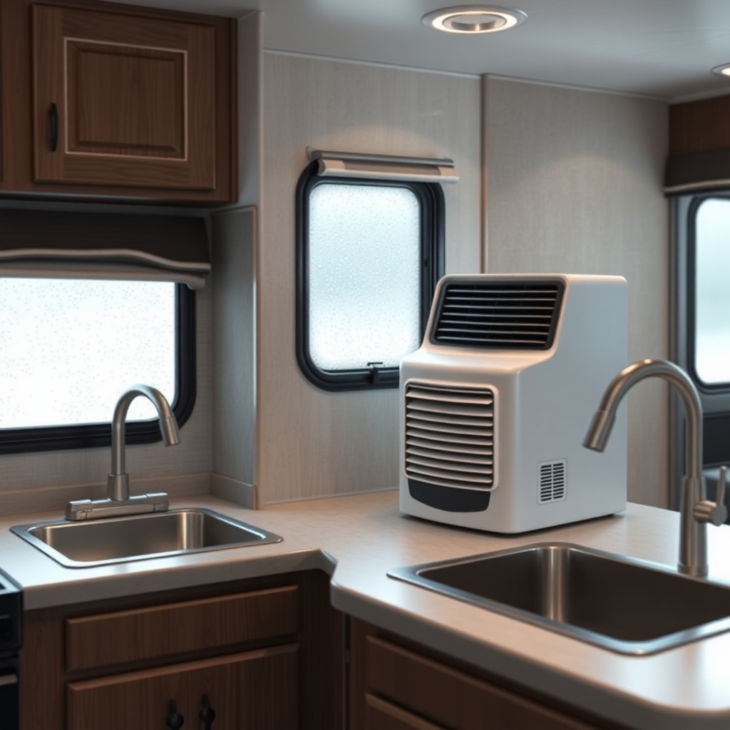 Photorealistic photo of the interior of a Rockwood Geo Pro G16BH showing a compact dehumid