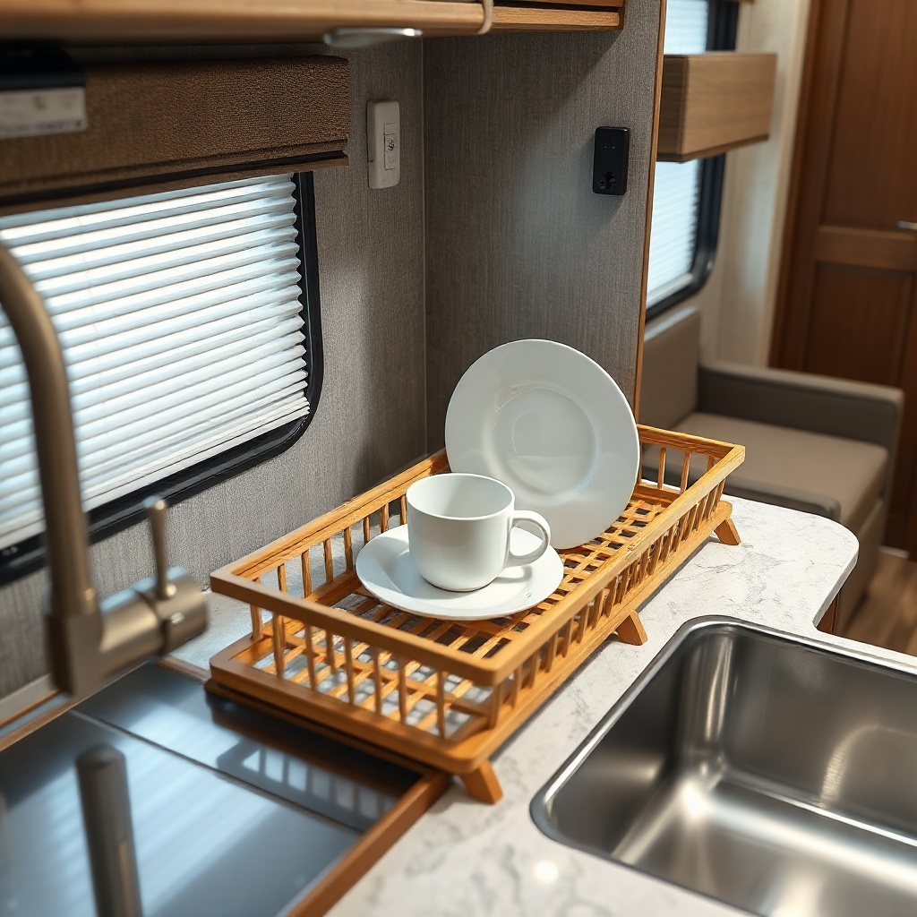 A photorealistic photo of a narrow bamboo dish drying rack sitting on a quartz countertop