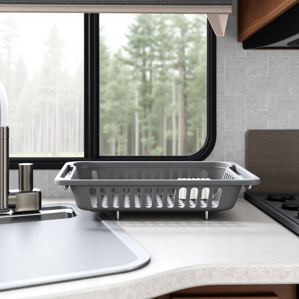 A photorealistic photo of a foldable silicone dish rack on a countertop in a Coachmen Beyo