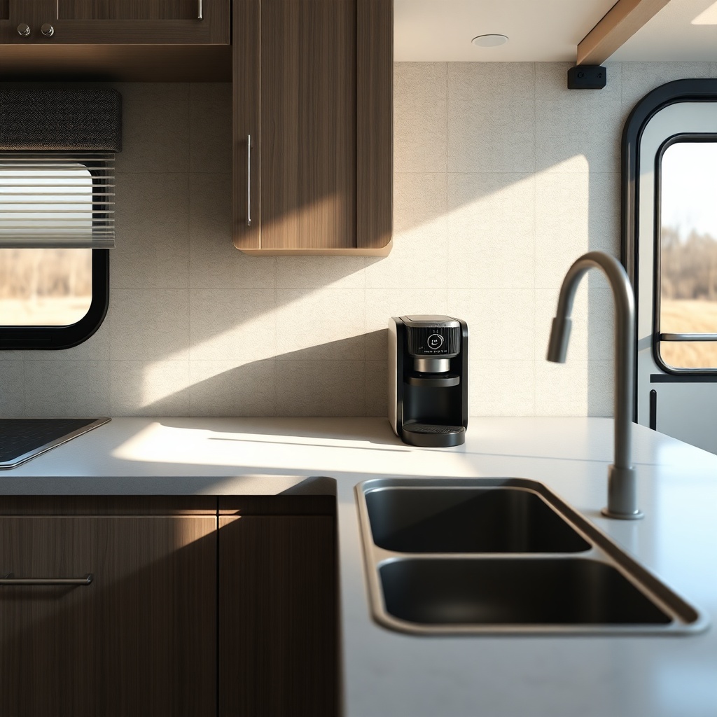 photorealistic interior shot of a Coachmen Beyond 22RB kitchen counter with a compact espr