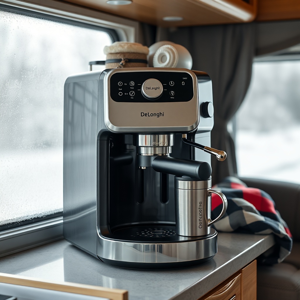 close-up photorealistic photo of a De'Longhi Dedica espresso machine on a RV counter with