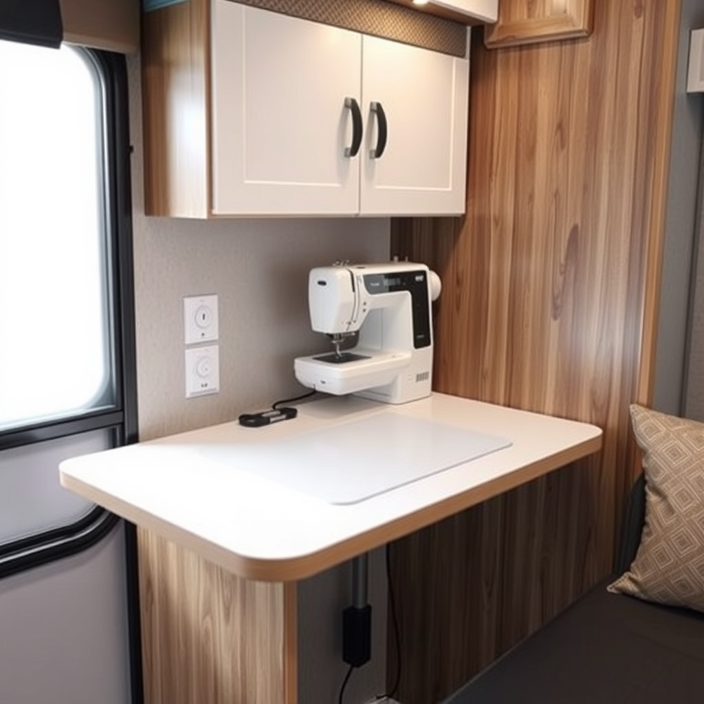 <clean photorealistic photo/illustration of a small sewing machine on a fold-down desk ins