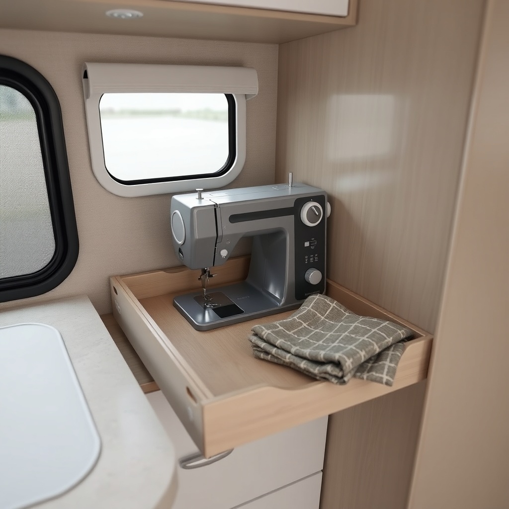 <clean photorealistic photo/illustration of a sewing machine neatly stored in a pull-out c