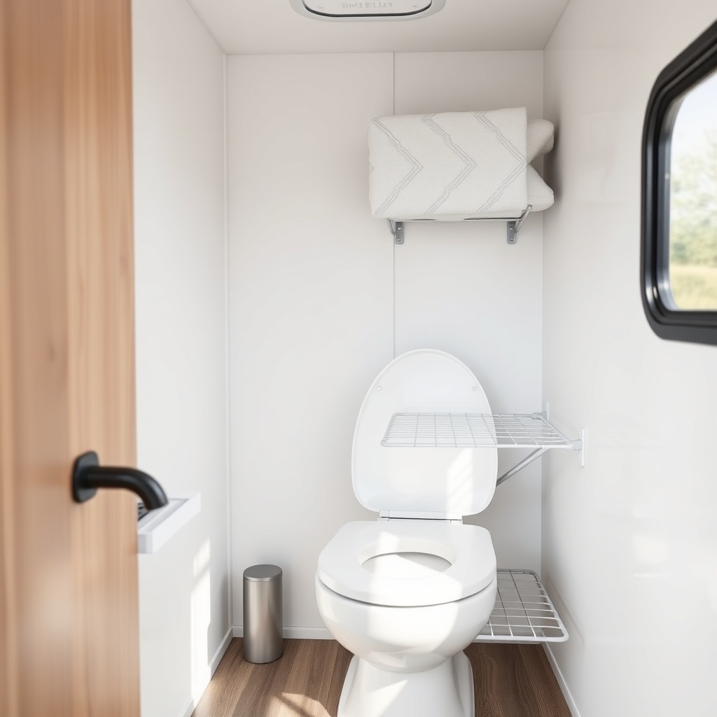 <a clean photorealistic photo of a compact motorhome bathroom with a composting toilet and