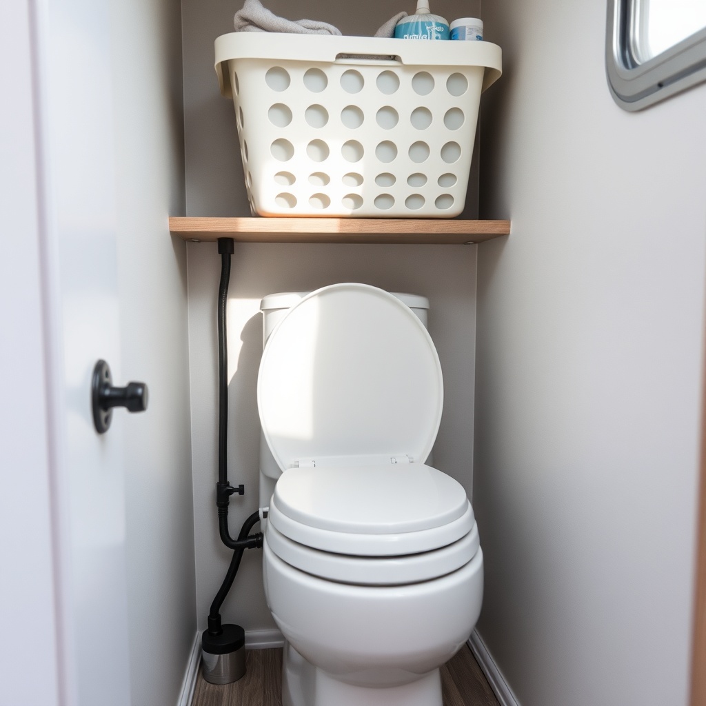 <a photorealistic photo of a modern composting toilet installation in a small RV bathroom