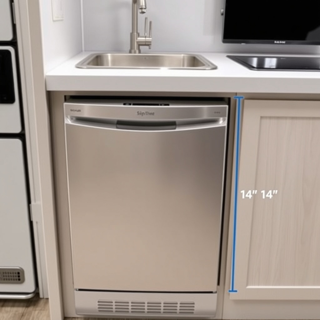 <clean photorealistic photo/illustration of a slim countertop dishwasher installed next to