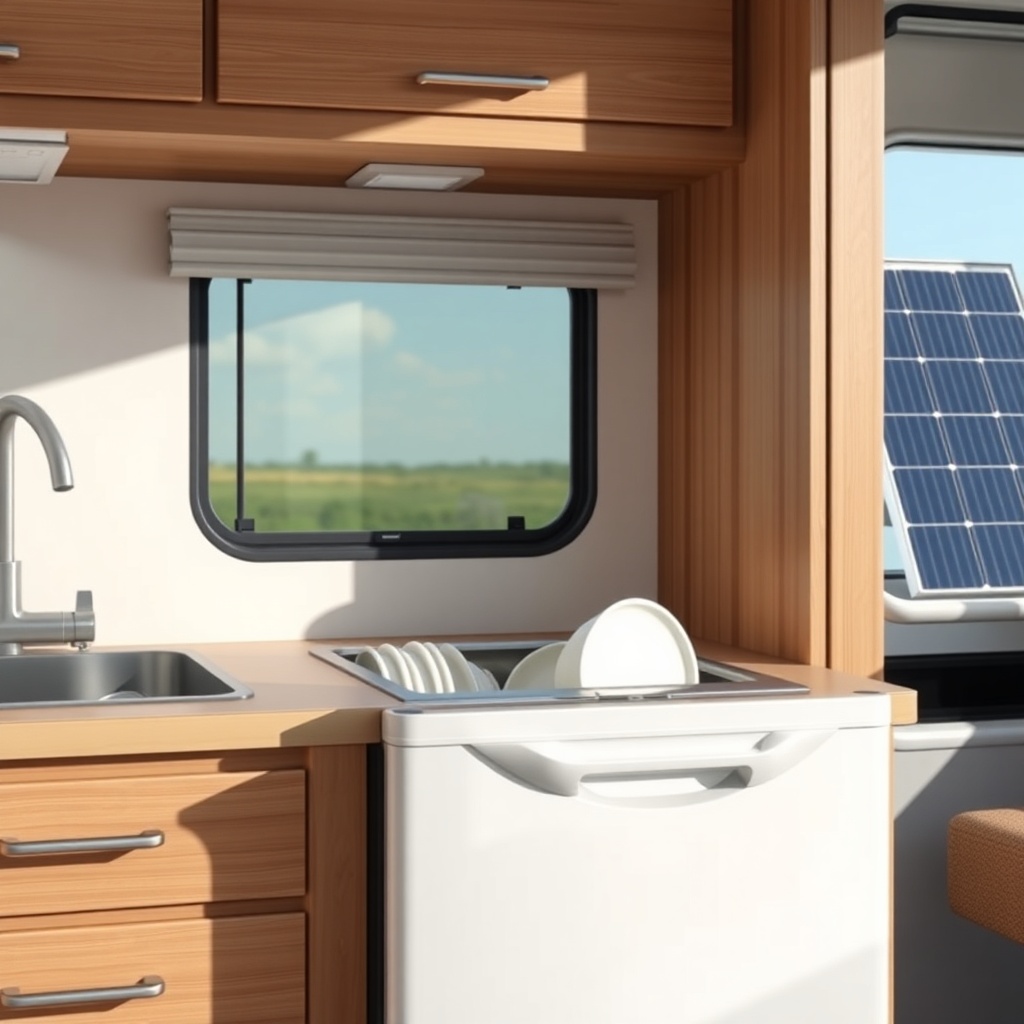 <clean photorealistic photo/illustration of an RV kitchen with a compact dishwasher on the
