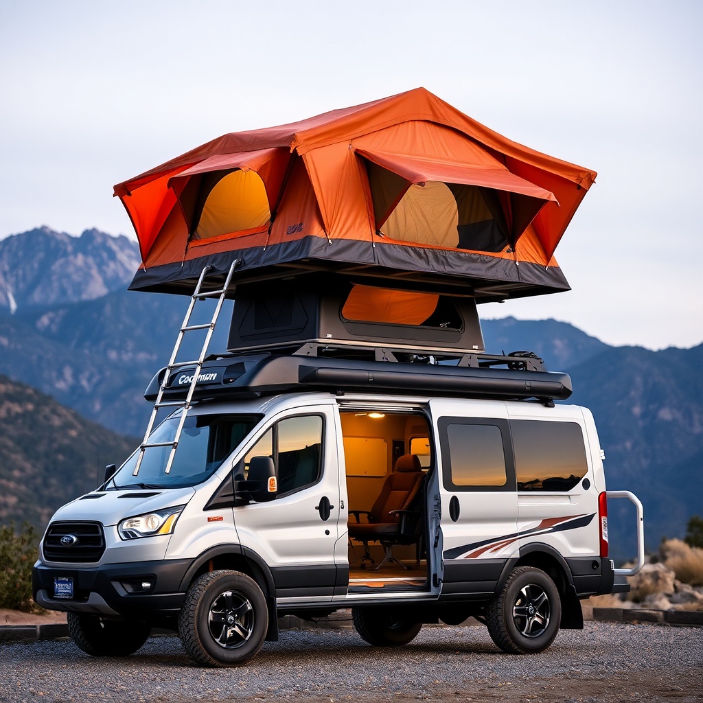 A clean photorealistic photo of a Coachmen Beyond 22RB with a deployed rooftop tent
