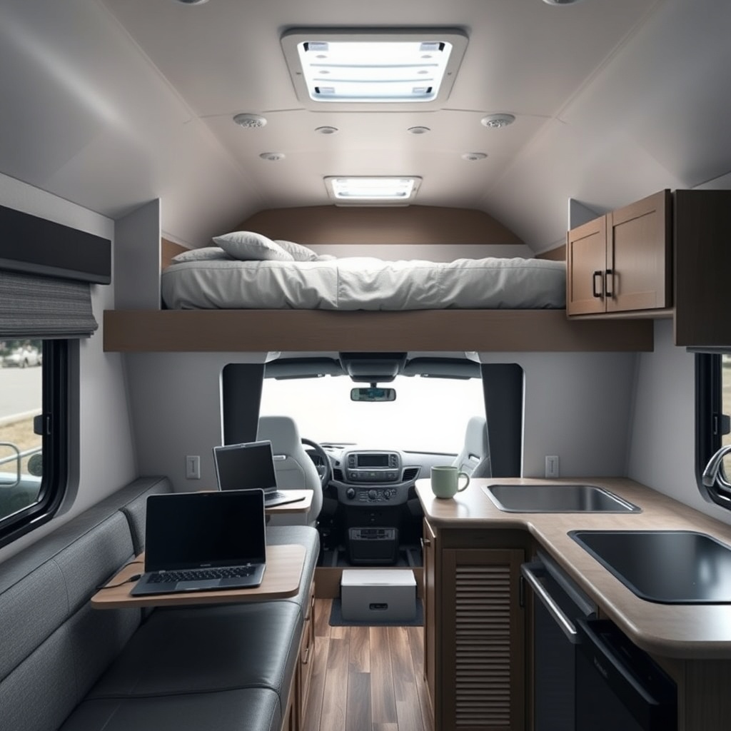 A clean photorealistic photo of the Coachmen Beyond 22RB interior showing the dinette in b