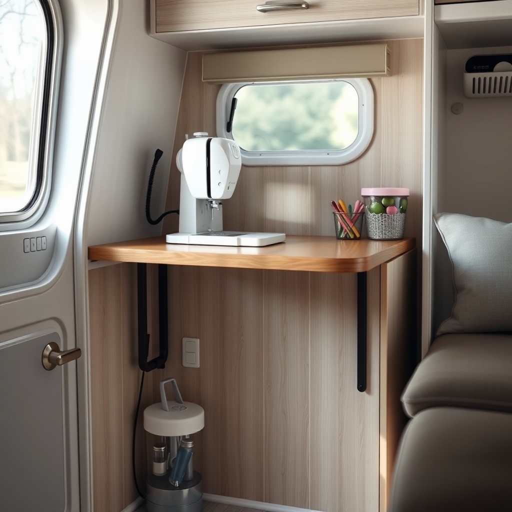 <clean photorealistic photo/illustration of a compact sewing machine resting on a slim
