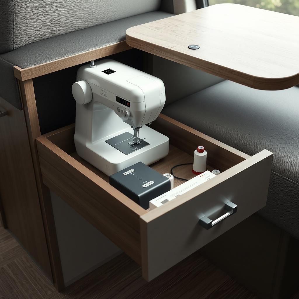 <clean photorealistic photo/illustration of a modern compact sewing machine and a thread b