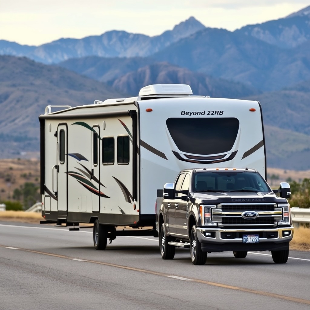 A clean photorealistic photo of a 2024 Coachmen Beyond 22RB being towed by a mid-size pick