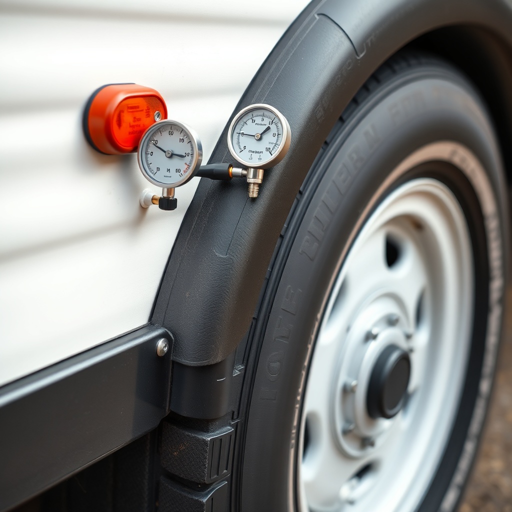 A clean photorealistic close-up photo of a Coachmen Beyond 22RB trailer wheel with a tire
