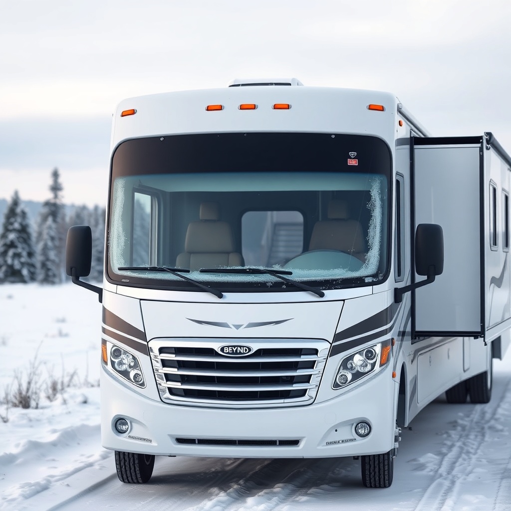 <clean photorealistic photo of a Coachmen Beyond 22RB parked in a snowy landscape