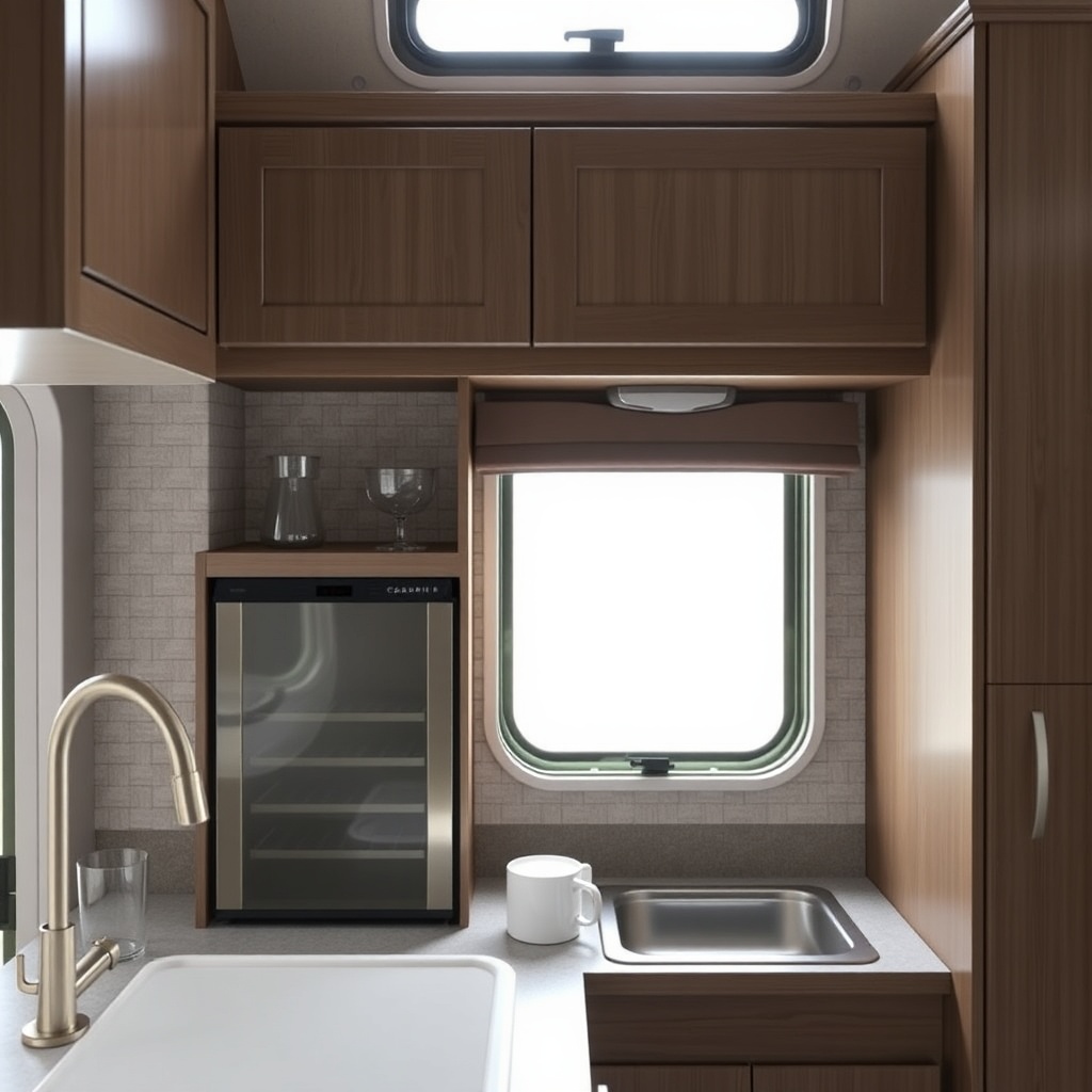A photorealistic photo of a Coachmen Beyond 22RB kitchen counter with a compact stainless