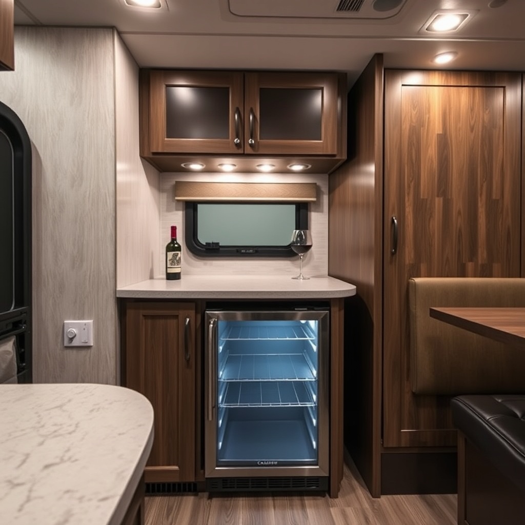 A photorealistic photo showing the interior of a Coachmen Beyond 22RB kitchen with a wine