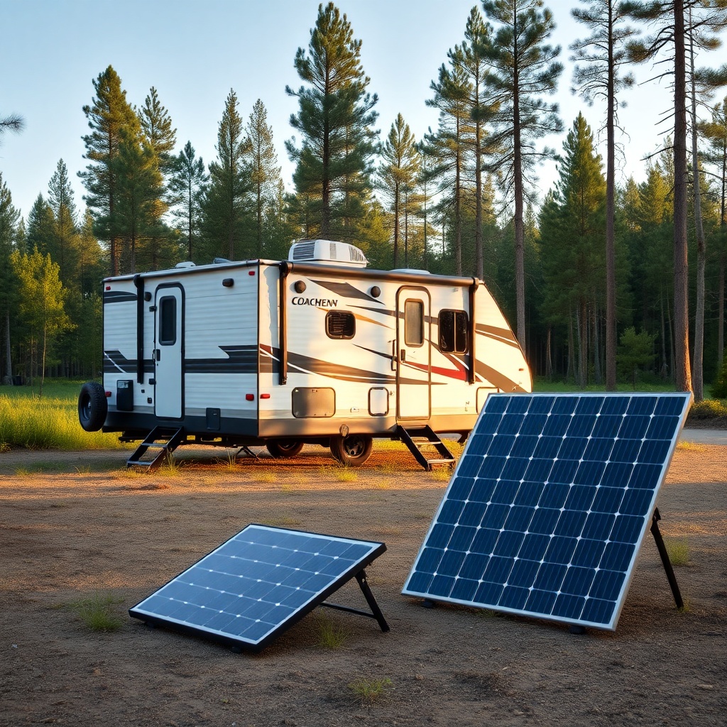 <clean photorealistic photo of a Coachmen Beyond 22RB parked in a forest clearing