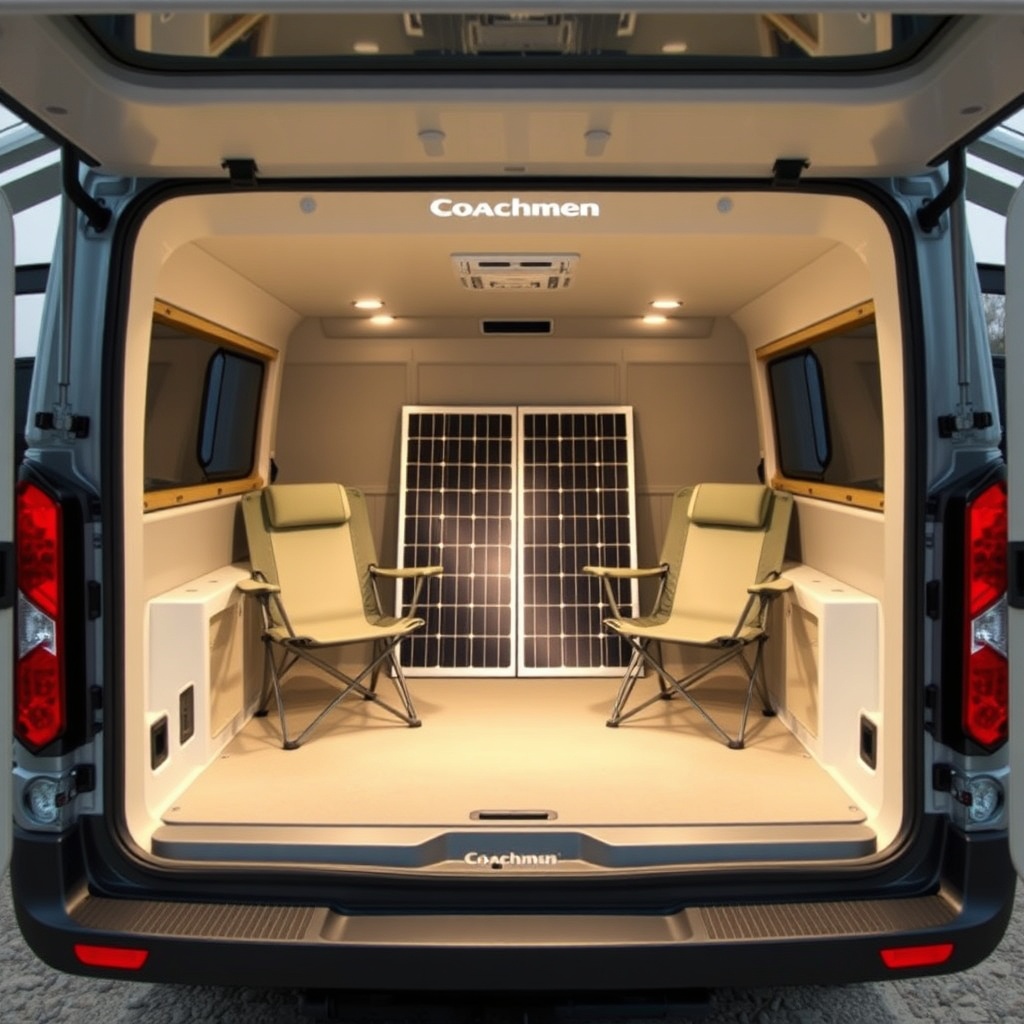 <clean photorealistic photo of a Coachmen Beyond 22RB's rear storage compartment open