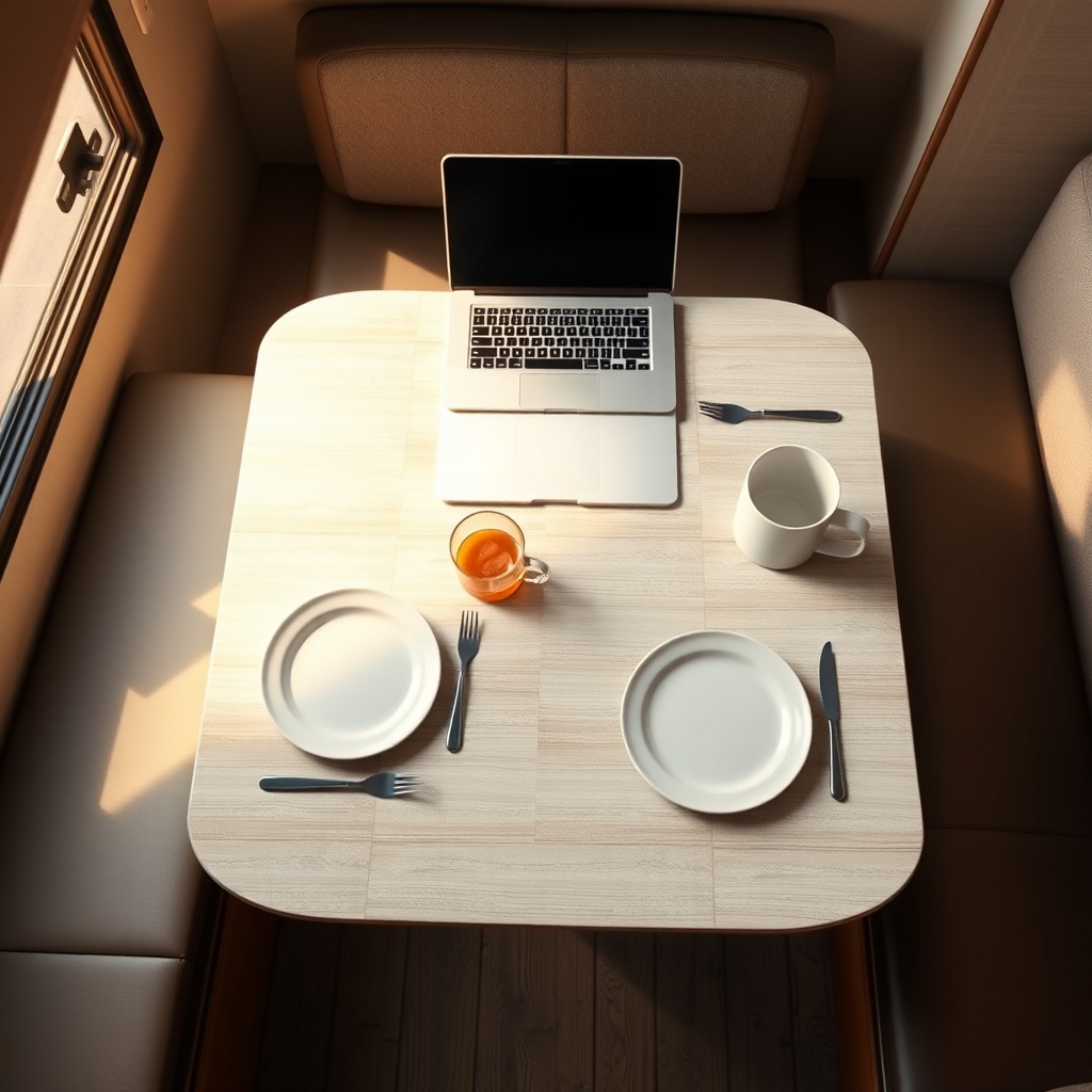 A clean photorealistic top-down view of the Coachmen Beyond 22RB stock dinette table fully