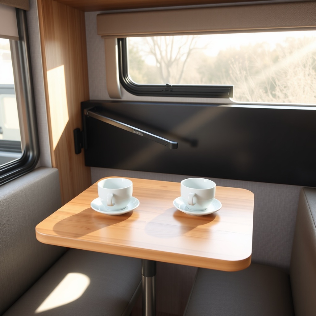 A clean photorealistic photo of a Coachmen Beyond 22RB dinette area with a Lagun swing-arm