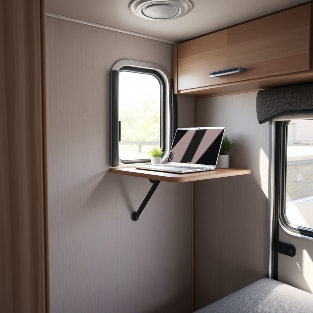 A clean photorealistic photo of the interior of a Coachmen Beyond 22RB showing a wall-moun