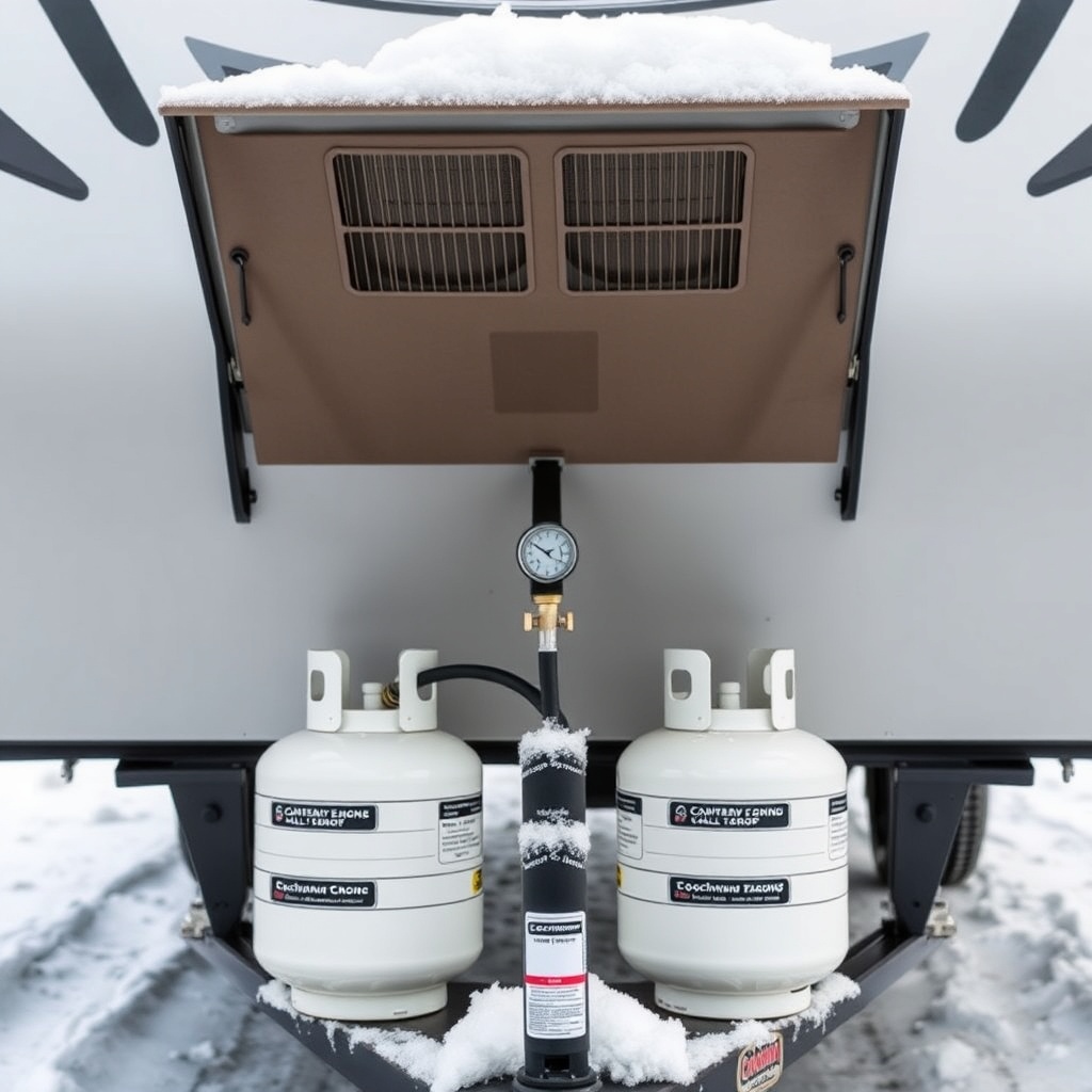 A clean photorealistic photo of a Coachmen Beyond 22RB front A-frame showing two propane t