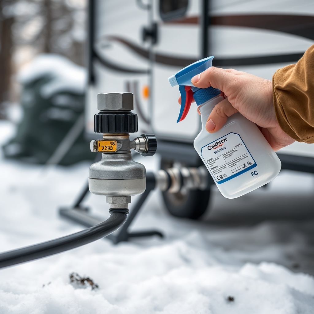 A clean photorealistic photo of a Coachmen Beyond 22RB propane regulator and hose connecti