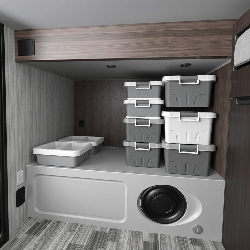 <clean photorealistic photo/illustration of under-bench seating area in Forest River Rockw