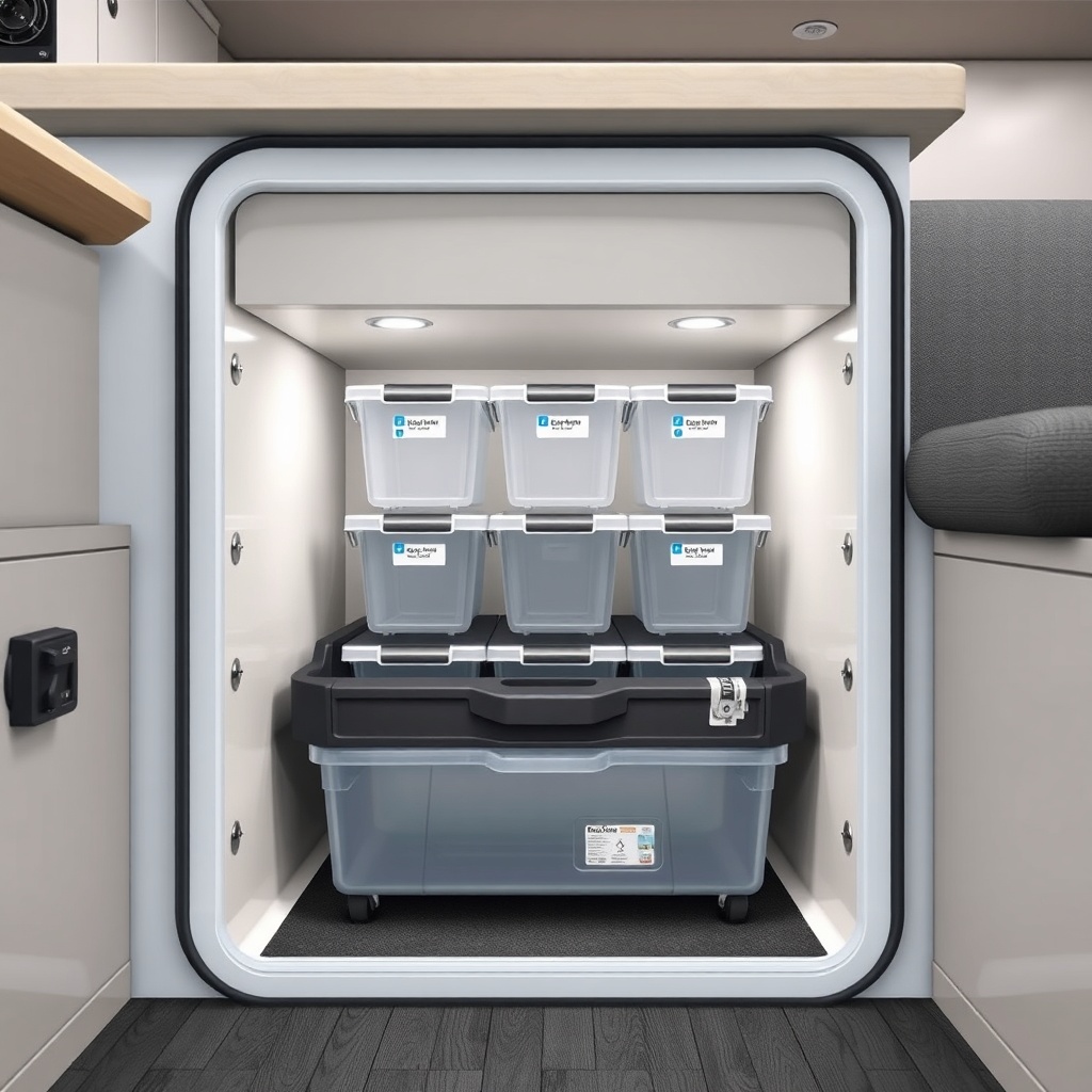 <clean photorealistic photo/illustration of pass-through storage under G16BH dinette with
