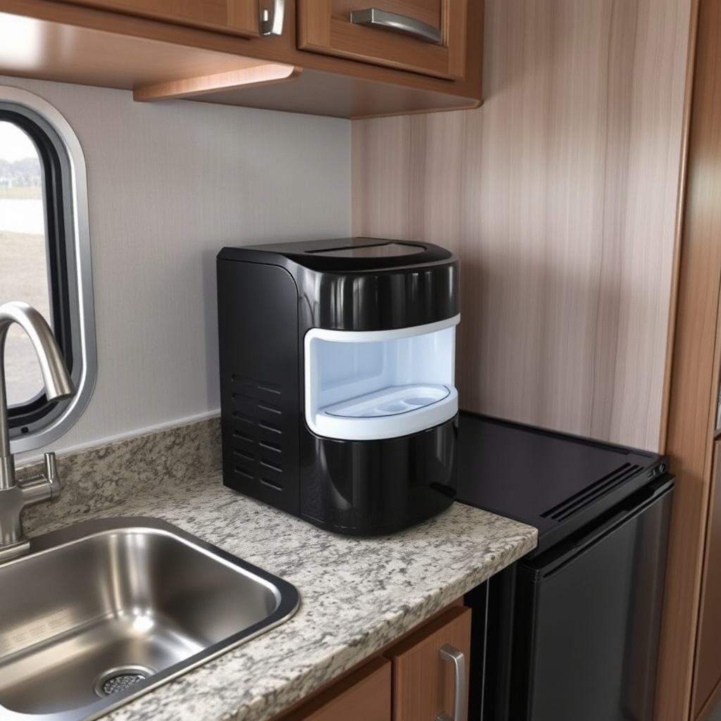 <clean photorealistic photo of a sleek black countertop ice maker sitting on a granite-sty