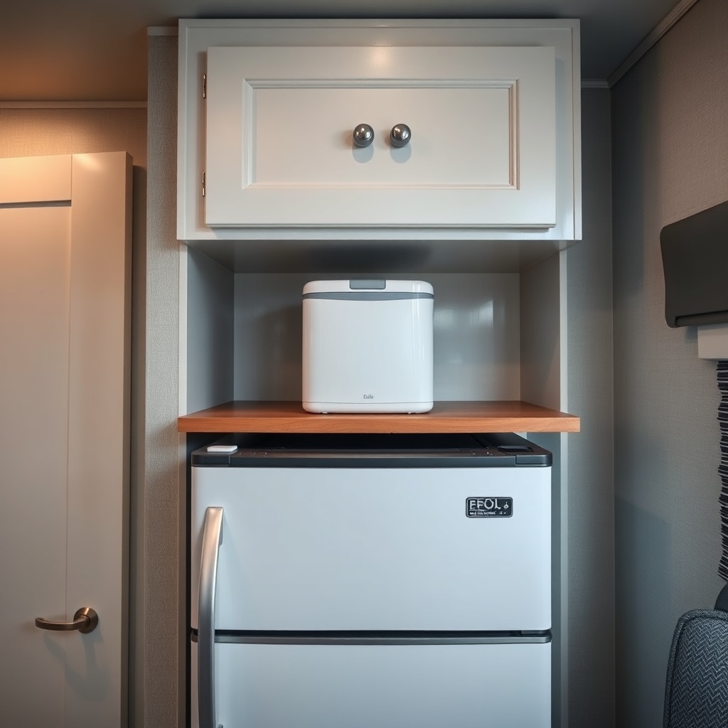 <clean photorealistic photo of a small ice maker sitting on a custom wooden shelf installe