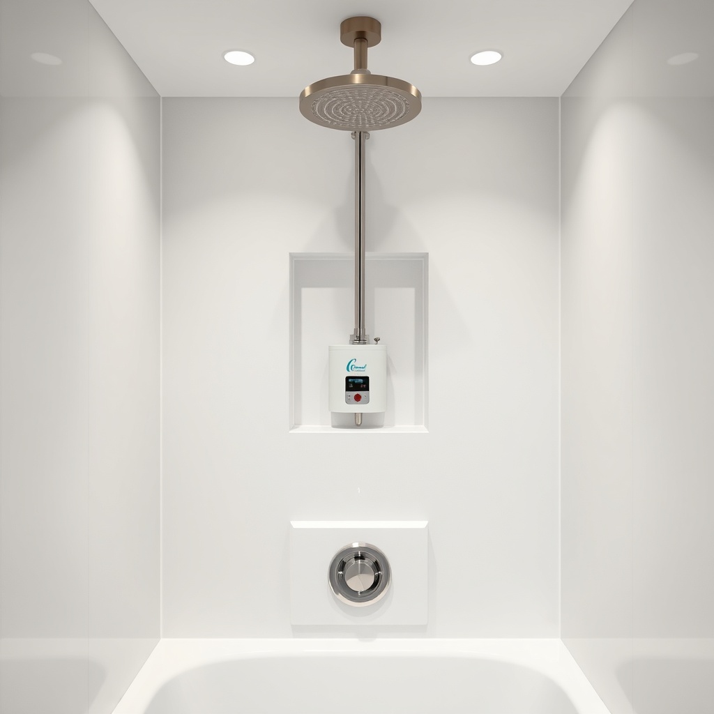 A photorealistic interior shot of the Geo Pro G16BH wet bath with a brushed nickel shower