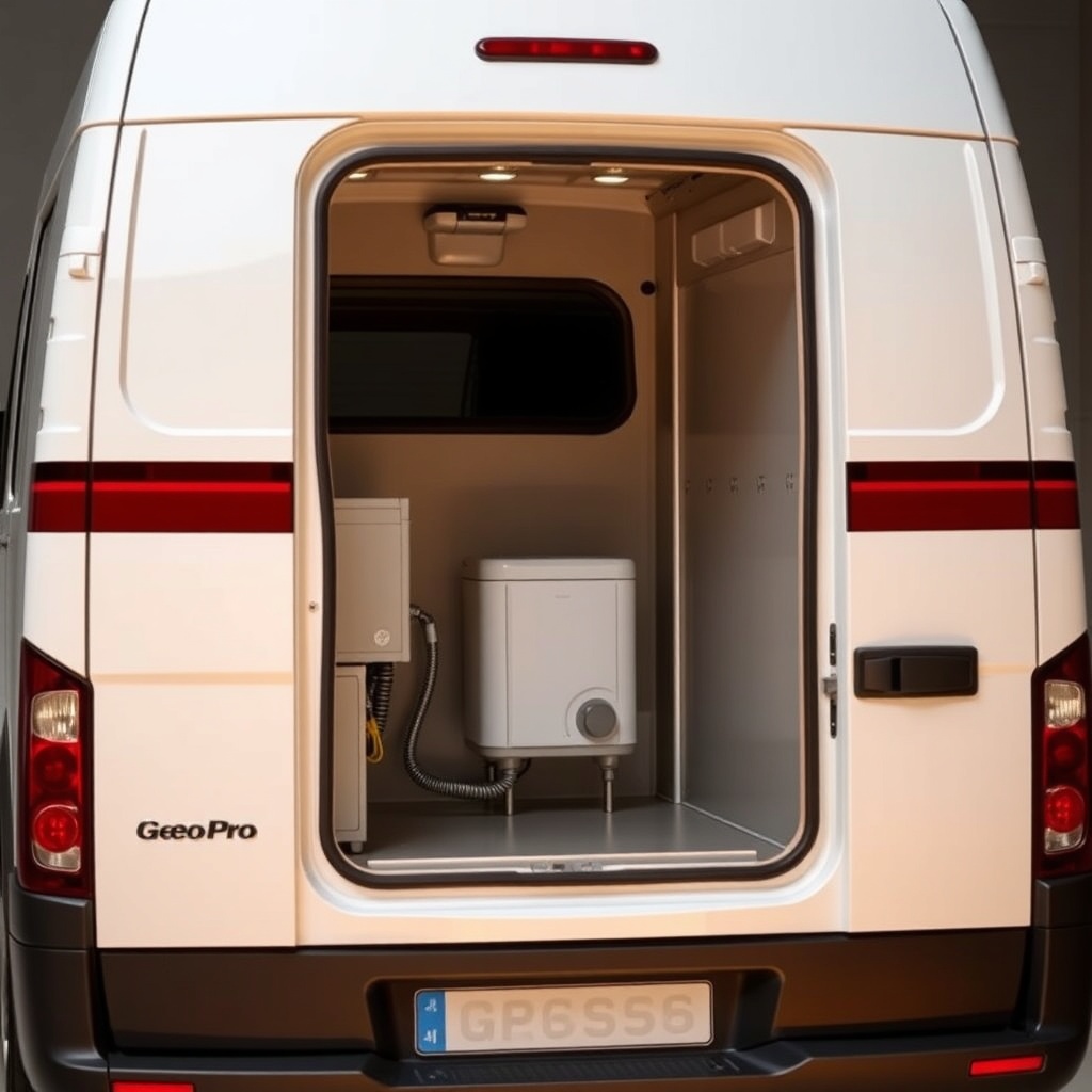 A photorealistic exterior view of the Geo Pro G16BH driver-side rear showing the water hea