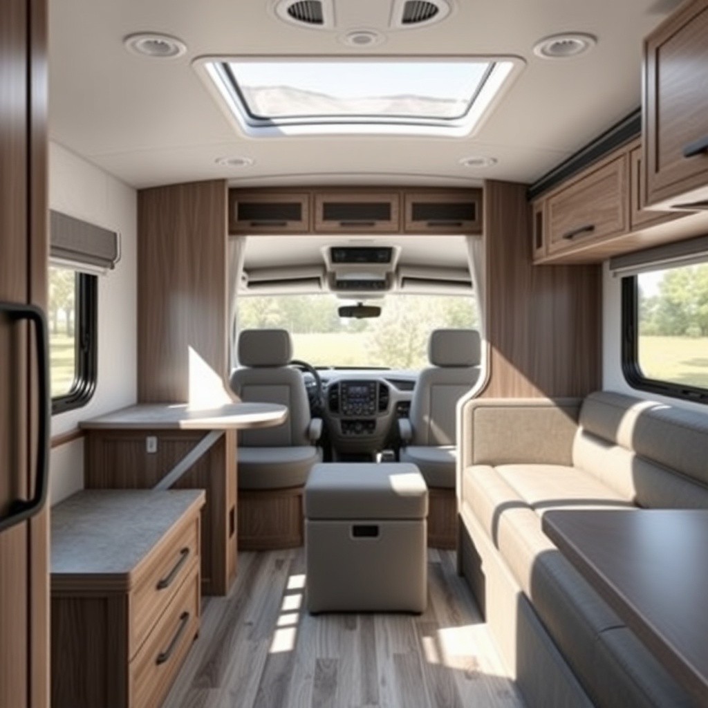 photorealistic interior view of Rockwood Geo Pro G16BH with a custom fold-down desk and st
