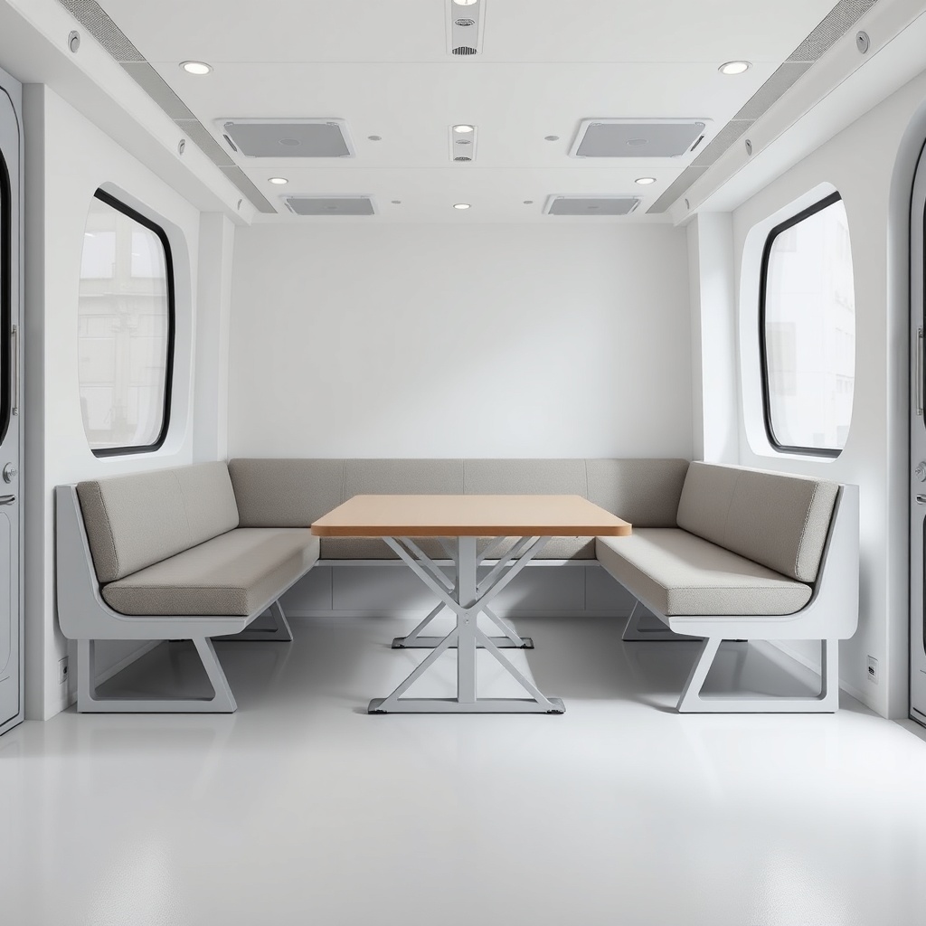photorealistic shot of a collapsible table and lightweight modular seating inside the G16B