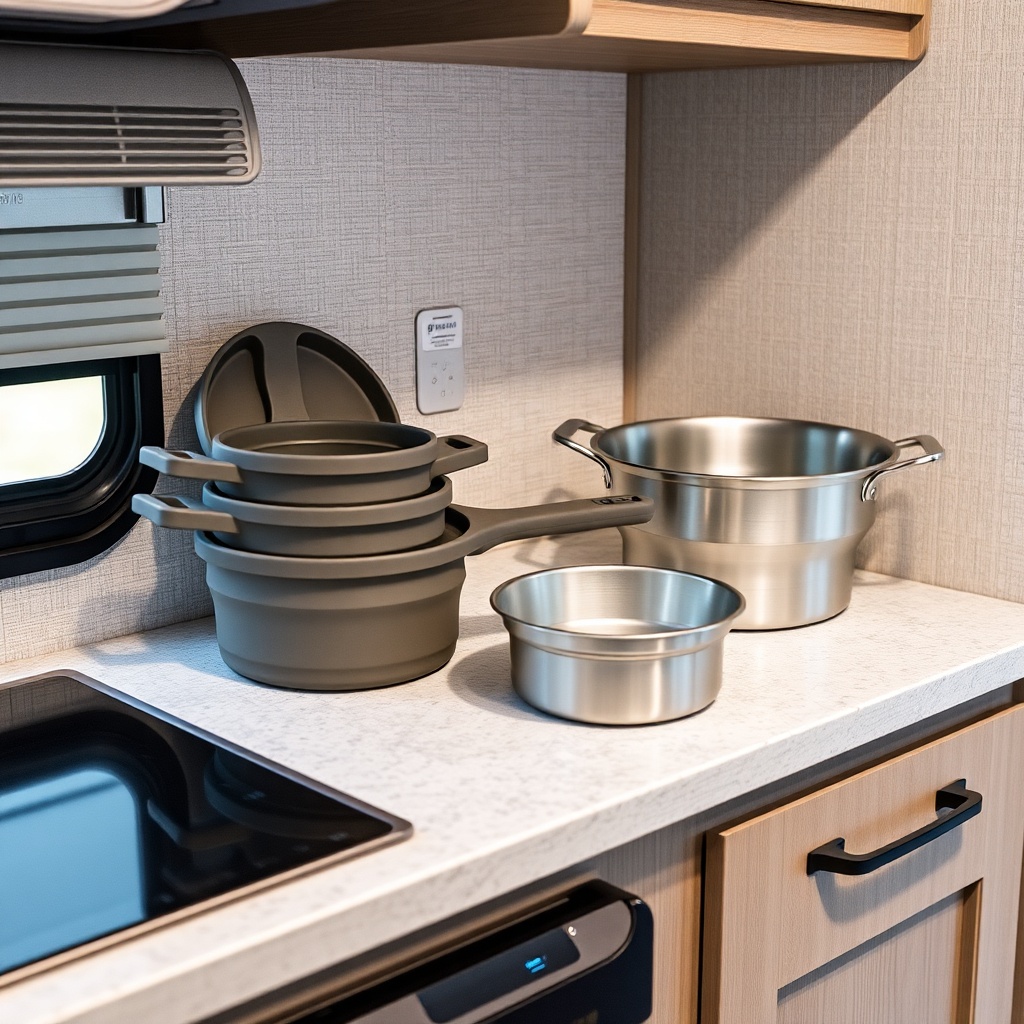 A clean photorealistic photo of a Forest River Rockwood Geo Pro G16BH kitchen counter show