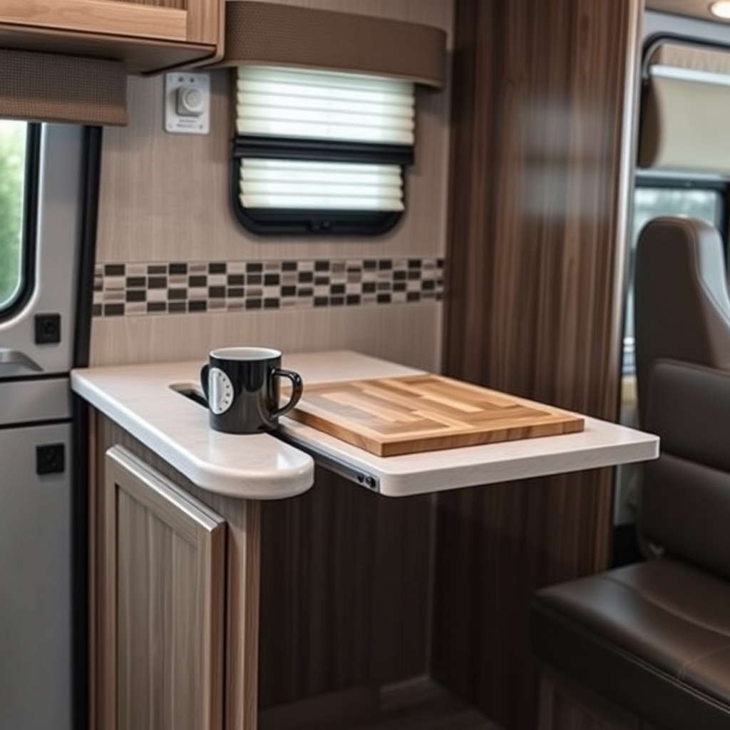 A photorealistic photo of the interior of a Forest River Rockwood Geo Pro G16BH showing a