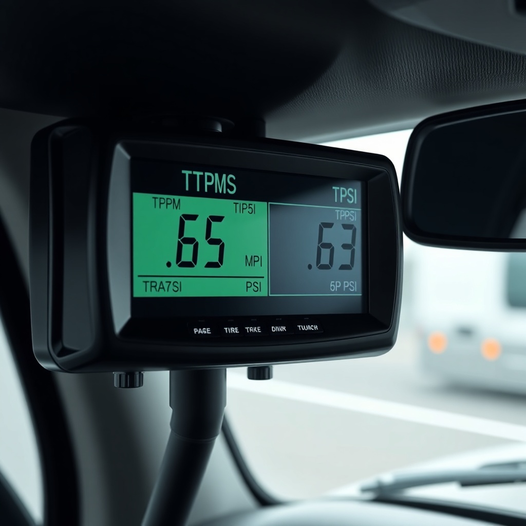 <clean photorealistic photo of a TPMS display screen mounted on a truck dashboard