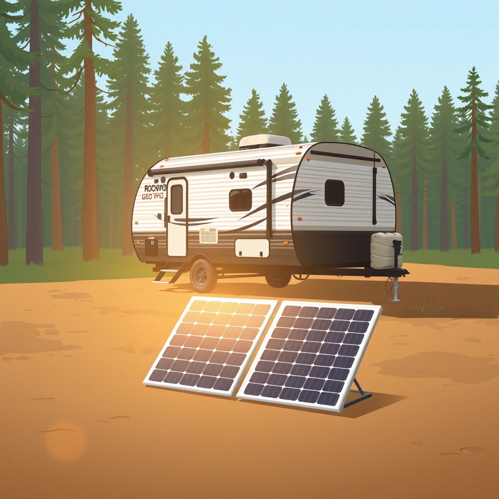 A clean photorealistic illustration showing a Forest River Rockwood Geo Pro G16BH parked i