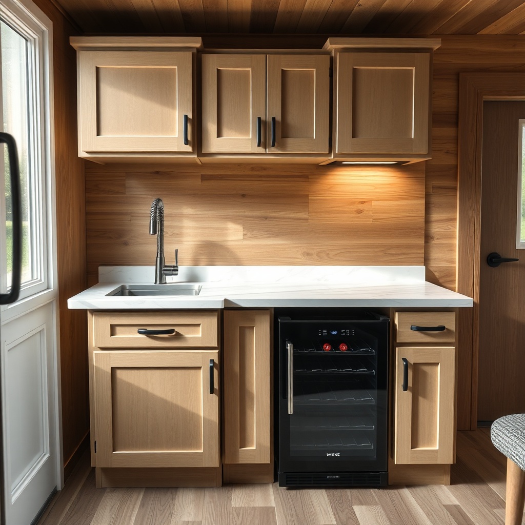 A clean photorealistic photo of a Tumbleweed tiny house kitchen with a built-in compact wi