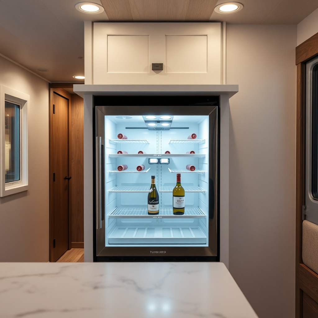 A clean photorealistic photo of a Tumbleweed tiny house interior showing a dual-zone wine