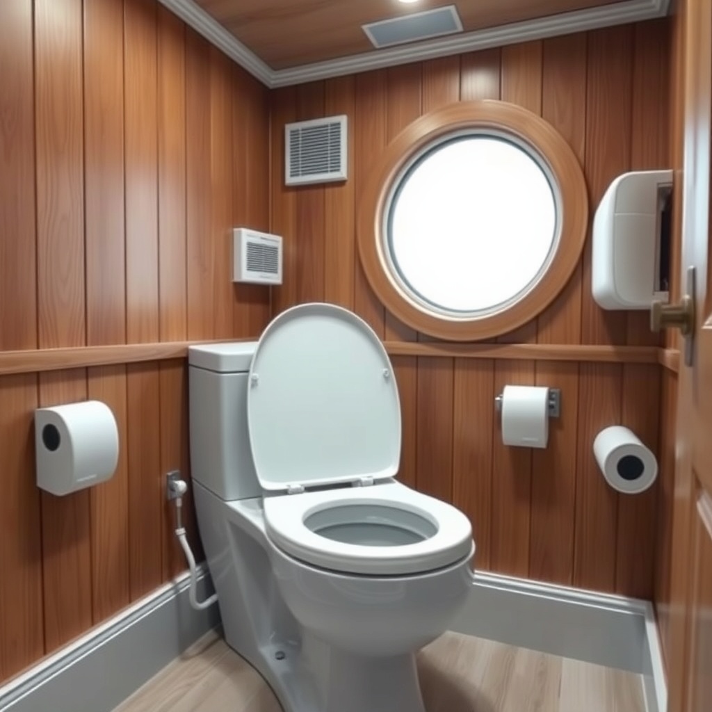 <clean photorealistic photo/illustration of a modern composting toilet installed in a smal