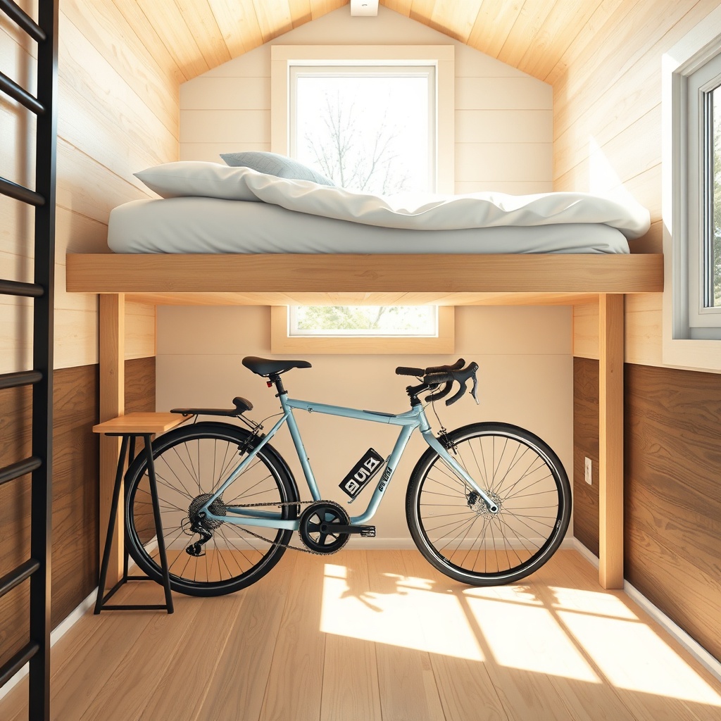 <clean photorealistic photo/illustration of a folding bike tucked under a loft bed in a Tu