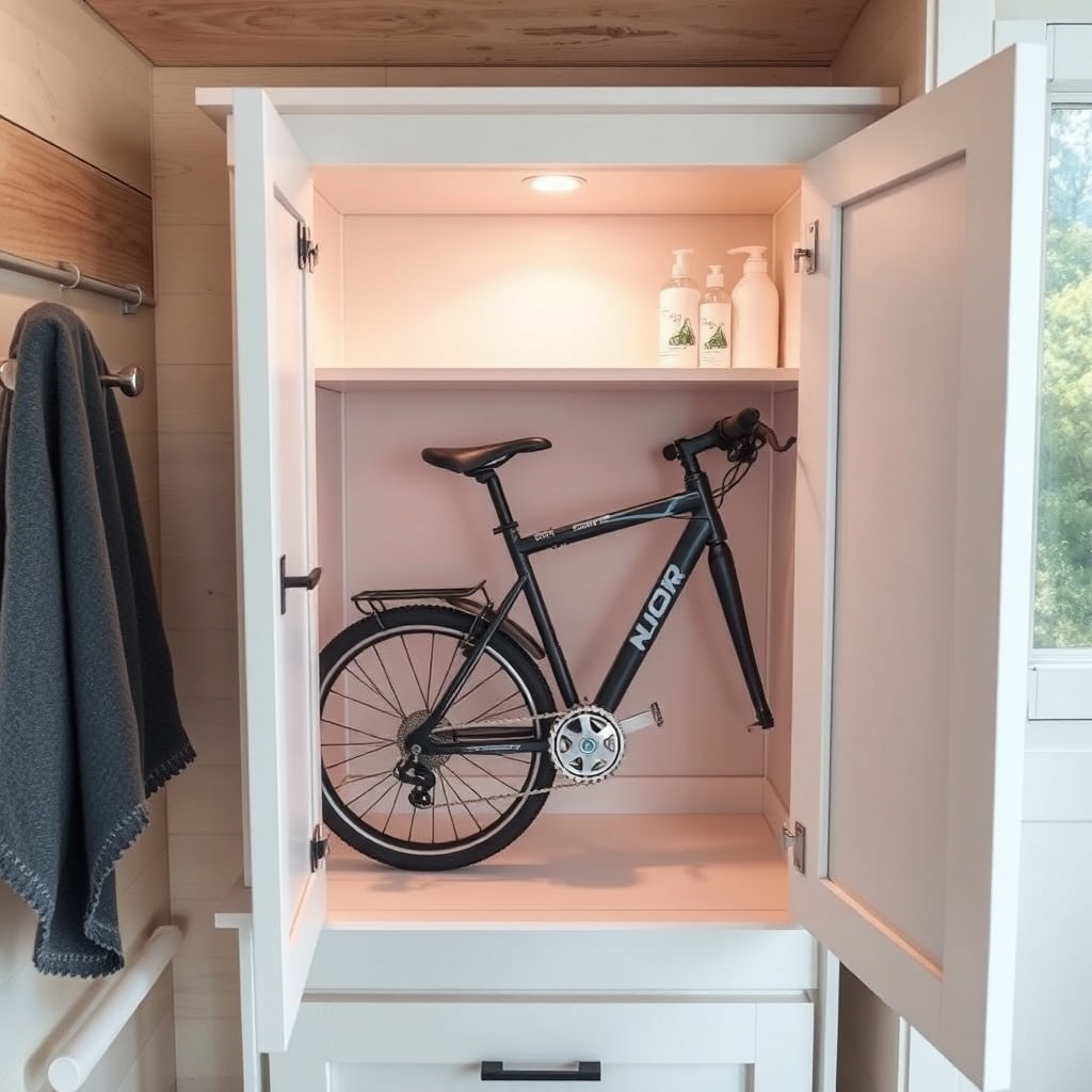 <clean photorealistic photo/illustration of a folding bike stored inside a bathroom vanity