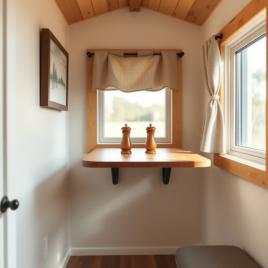 <Clean photorealistic photo of a small Tumbleweed tiny house interior with a wall mounted