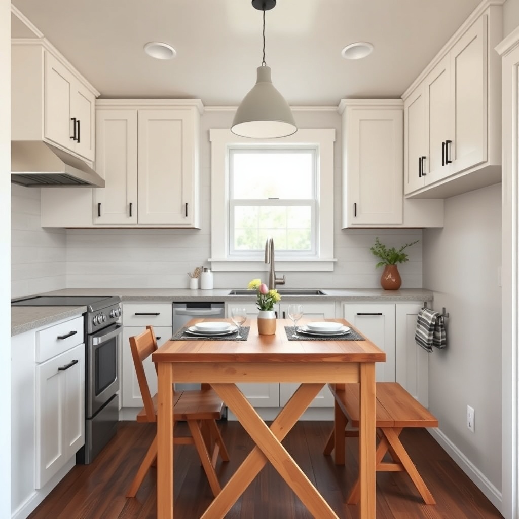 <Clean photorealistic photo of a Tumbleweed tiny house kitchen with a small wooden dining