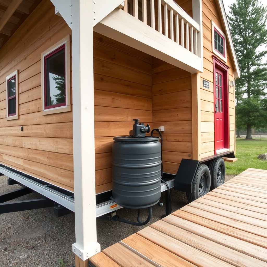 <A photorealistic wide-angle shot of a Tumbleweed tiny house on a trailer