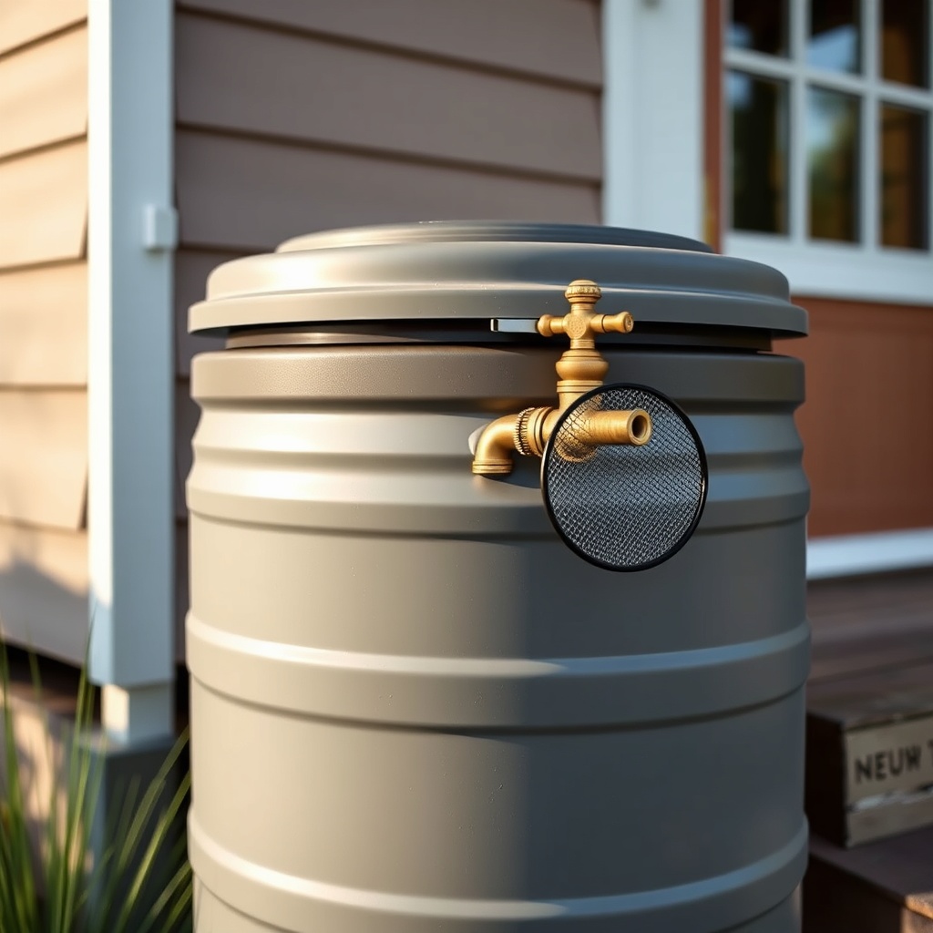 <A photorealistic close-up of a rotomolded polyethylene rain barrel with a brass spigot an
