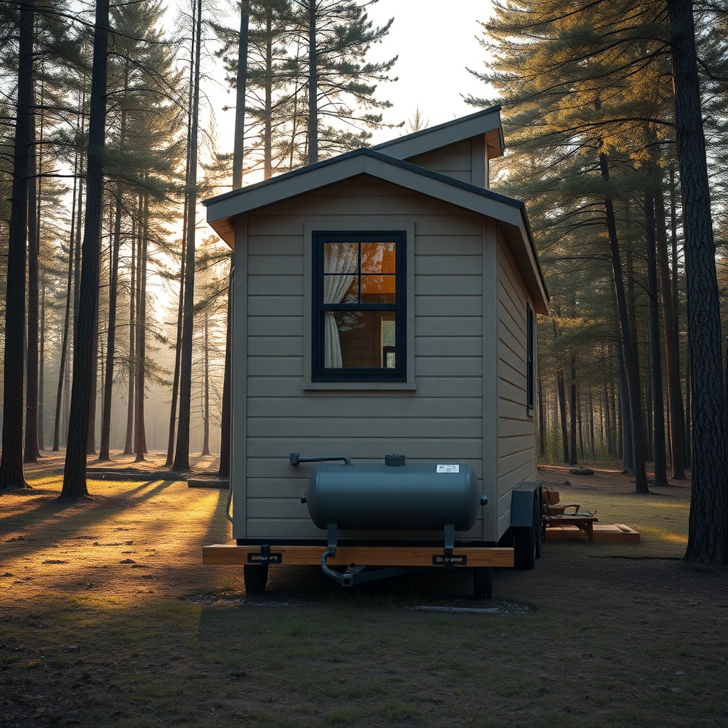 A photorealistic shot of a Tumbleweed tiny house with a subtle gutter system and a slim